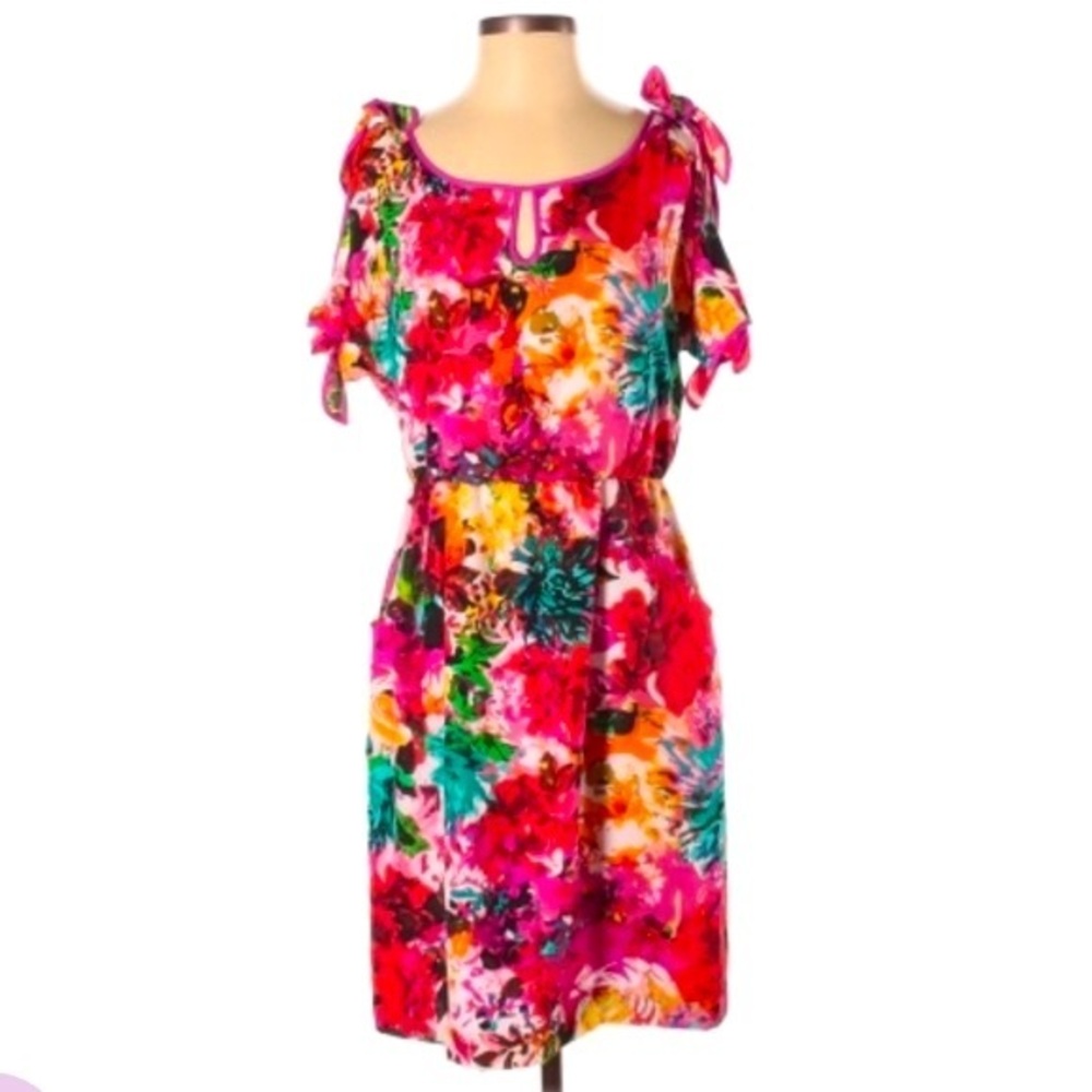 Trulli size 4 orange & purple floral short sleeve dress w cutouts & bow accents